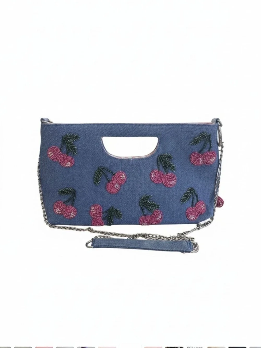 India Hand-made  NWT Denim Cherry Embroidered Crossbody Bag - Blue